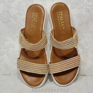 Italian Shoemakers Slip-On Flat Rainbow Strap Gold Tone Buckle Women's Size 9.5